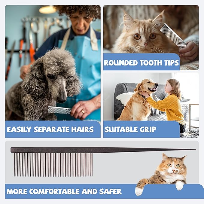 Grooming Pet Comb Rat Tail Dematting Cat and Dog Comb，Rounded Ends Design for Safe Tangle Removal, Hairstyling, Massage，Loose Hair Removal，Prevent Irritation，Fluffing Paws,Face,Tail,Remove Tear Stain