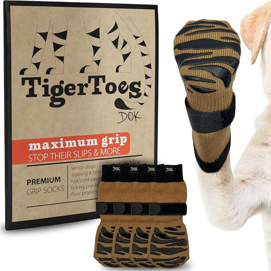 DOK TigerToes Premium Non-Slip Dog Socks for Hardwood Floors - Extra-Thick Grip That Works Even When Twisted - Prevents Licking, Slipping, and Great for Dog Paw Protection (XXS, Cool Caramel)