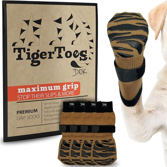 DOK TigerToes Premium Non-Slip Dog Socks for Hardwood Floors - Extra-Thick Grip That Works Even When Twisted - Prevents Licking, Slipping, and Great for Dog Paw Protection (Cool Caramel, X-Small)