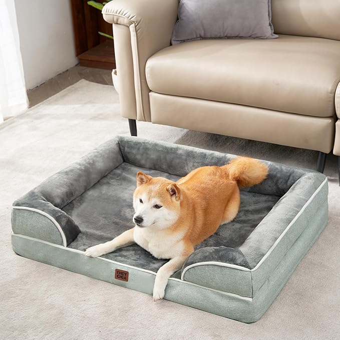 EHEYCIGA Orthopedic Dog Bed for Medium Dogs, Waterproof Memory Foam Medium Dog Beds with Sides, Non-Slip Bottom and Egg-Crate Foam Pet Couch Bed with Washable Removable Cover, Greyish Green