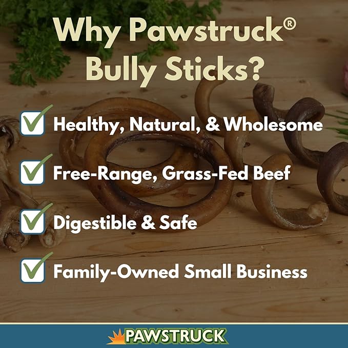 Pawstruck All-Natural 4" Bully Stick Rings for Dogs - Rawhide-Free, 100% Beef, Single Ingredient Dental Chew Bones - Fully Digestible, Low Odor - Bulk 25 Pack - Packaging May Vary