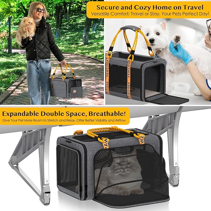 PAWZIDEA Expandable Pet Carrier w/ID Card, 18x11x11 in Small Dog Carrier TSA Airline Approved, Top Load Cat Carrier for 2 Cats Under Seat, Soft-Sided Collapsible Puppy Car Seat Dog Travel Bag, Up 15lb