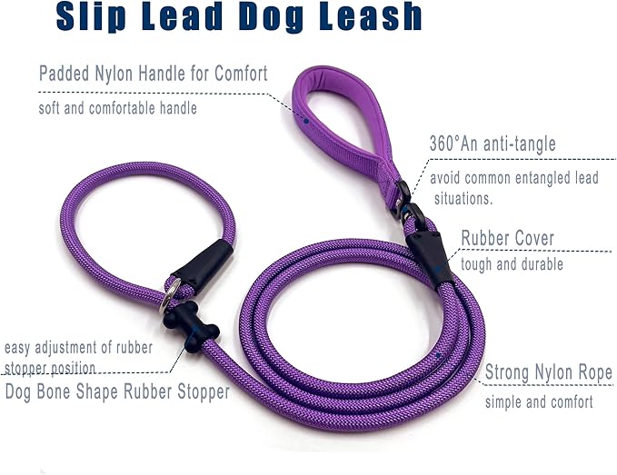 Slip Lead Dog Leash，Strong Nylon Rope Leash and Padded Handle,No Pull Outdoor Walking Training Lead for Small Medium Large Dogs (Purple, 1/2"×6ft)