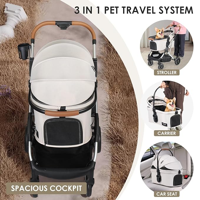 T6 Luxury Pet Stroller for Medium Dogs Up to 66lbs or 2 Small Pets – 3-in-1 Dog & Cat Stroller with Removable Carrier, Foldable & Lightweight (Beige)