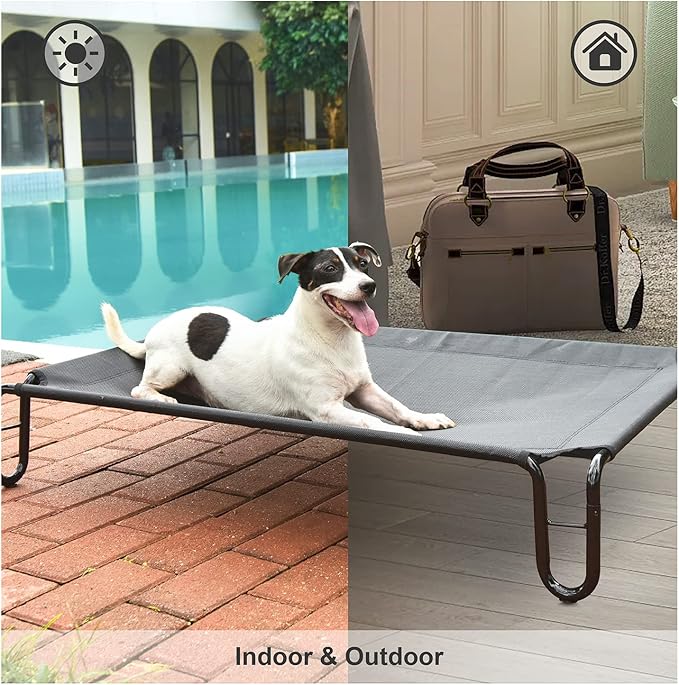 pettycare Elevated Outdoor Dog Bed - Raised Dog Bed for Large Dogs, Waterproof Dog Cot Bed Easy to Assemble, Cooling Elevated Dog Bed with Breathable Teslin Mesh, Durable, Non Slip, Up to 65 lbs,Grey