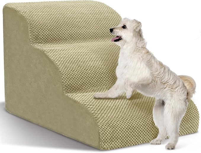 Dog Stairs for Small Dogs - High Density Foam Pet Steps, Extra Wide Dog Ramp with Non-Slip Bottom for High Beds, Couch and Sofa, Best for Dogs Injured, Older Doggy Cats,3 Steps, Camel