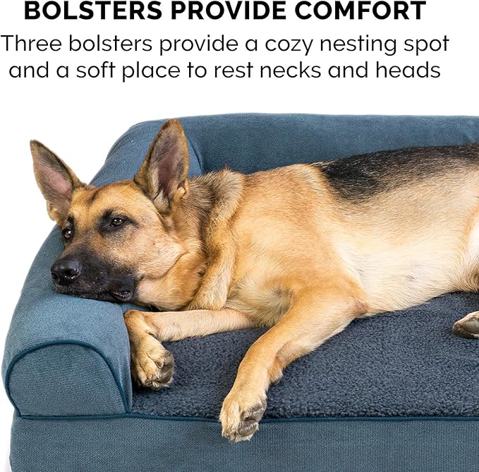Furhaven Orthopedic Dog Bed for Large Dogs w/ Removable Bolsters & Washable Cover, For Dogs Up to 125 lbs - Sherpa & Chenille Sofa - Orion Blue, Jumbo Plus/XXL