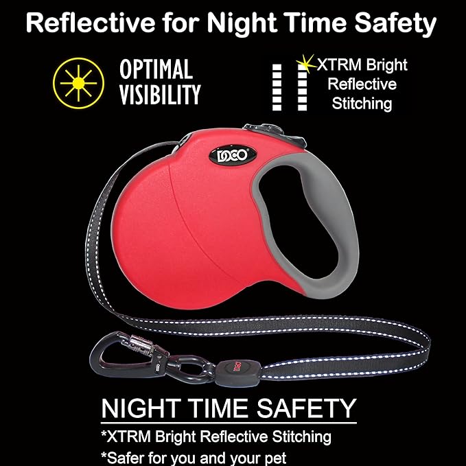 DOCO Retractable Dog Leash for Large Dogs (Length - 16’, Weight - Upto 110lb) Reflective Tape Lead with Stop and Lock Control, Tangle Free 360° Swivel Snap & Anti-Slip Grip (Black, Large)