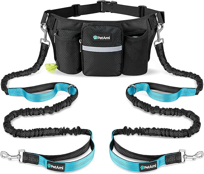 PetAmi Premium Hands Free Dog Leash for 2 Dogs, Adjustable Waist Belt Leash for Dog Walking, Fanny Pack Accessories Bag Dual Bungee Leash for Running, Hiking, Jogging, Biking, Black