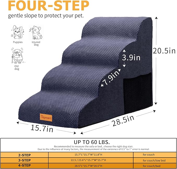 Topmart High Density Foam Dog Steps 4 Tiers,Extra Wide Deep Pet Steps,Non-Slip Dog Stairs Ramp for Bed,Soft Foam Cat Ladder,Best for Older Injured,Older Pets,Cats with Joint Pain