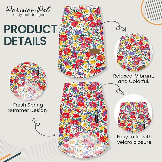 Parisian Pet Floral Dog Shirt - 100% Cotton Summer Clothes - Stylish Beach Outfit - Hook and Loop Closure - Machine Washable - XS