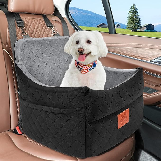 Dog Car Seat for Small/Medium Dogs, Dog Booster Car Seats with Thick Cushion for Dogs Under 35lbs, Detachable Washable Pet Car Seat with Storage Pockets, 2 Safety Belts(Black/Grey)