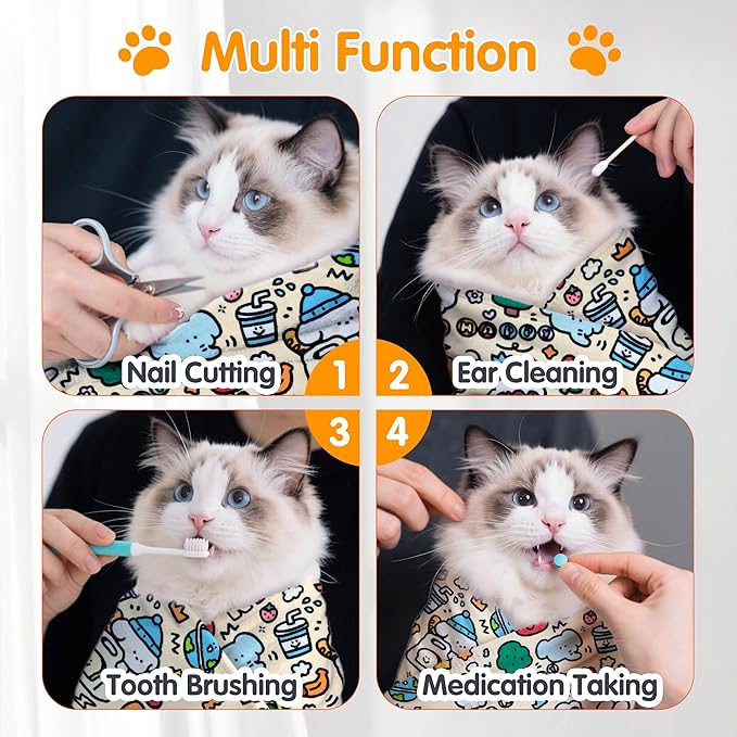 27.6" Large Cat Grooming Wrap, Cat Grooming Supplies, Cat Wrap for Cutting Nails, Self-Adhesive Cat Grooming Bag for Cats Within 15lbs Cat Restraint for Nail Clipping, Medicine Taking(Yellow)