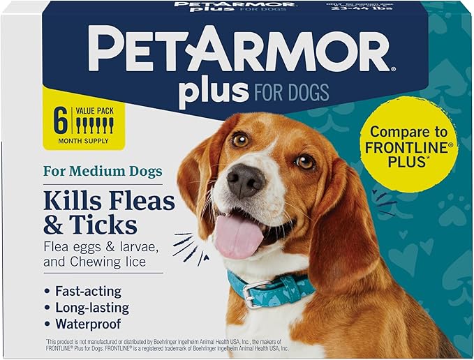 PetArmor Plus Flea and Tick Prevention for Dogs, Dog Flea and Tick Treatment, 6 Doses, Waterproof Topical, Fast Acting, Medium Dogs (23-44 lbs)