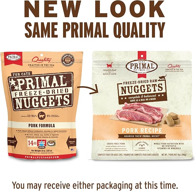 Primal Freeze Dried Raw Cat Food Nuggets Pork, Complete & Balanced Meal or Topper, Premium, Healthy, Grain Free, High Protein Raw Cat Food with Probiotics (5.5 oz)