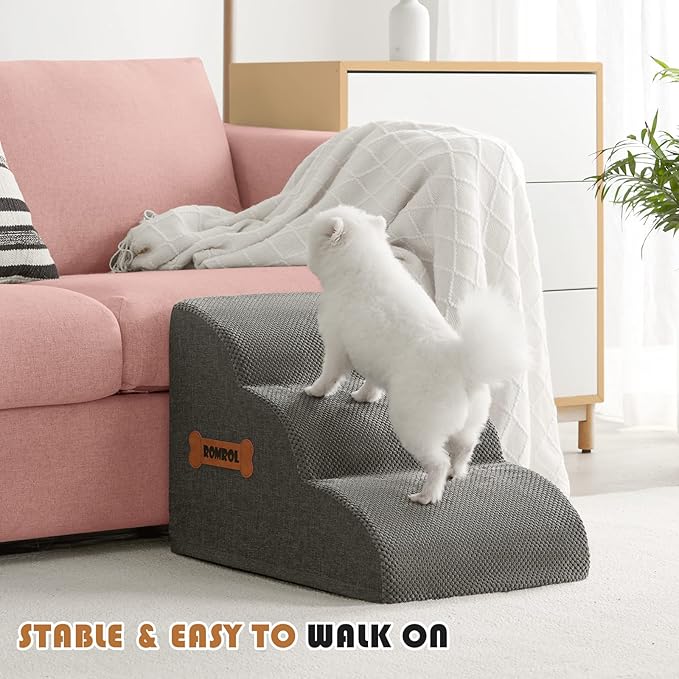 Romrol Dog Stairs Ramp for Beds Couches, 15.7” H 33D Extra Wide Pet Steps with Durable Non-Slip Waterproof Fabric Cover, Dog Slope Stairs for Small Dogs and Cats or Pets Friendly, 3-Tiers, Grey