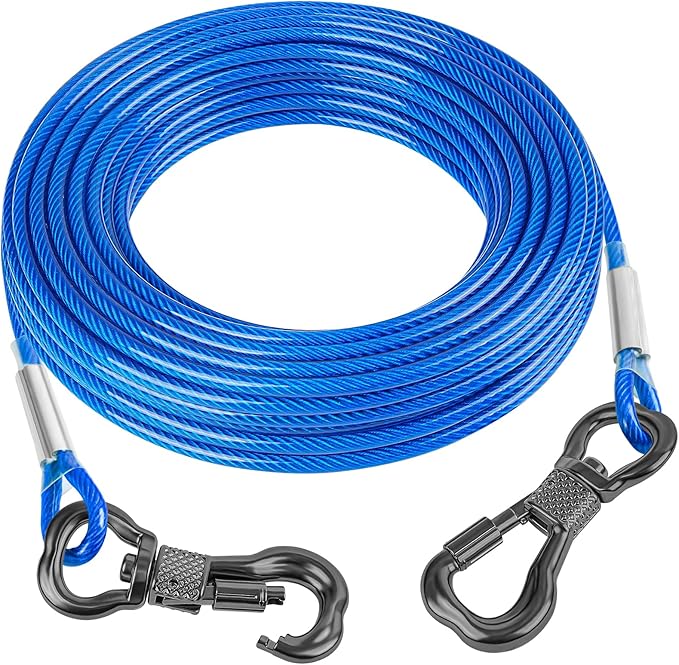Tresbro 25FT Blue Reflective Tie Out Cable for Dogs Up to 125 Pounds, Steel Wire Lead Leash with Stainless Rotatable Buckle, Lightweight and Enduring, Dog Chains Outside for Outdoor,Yard,Camping