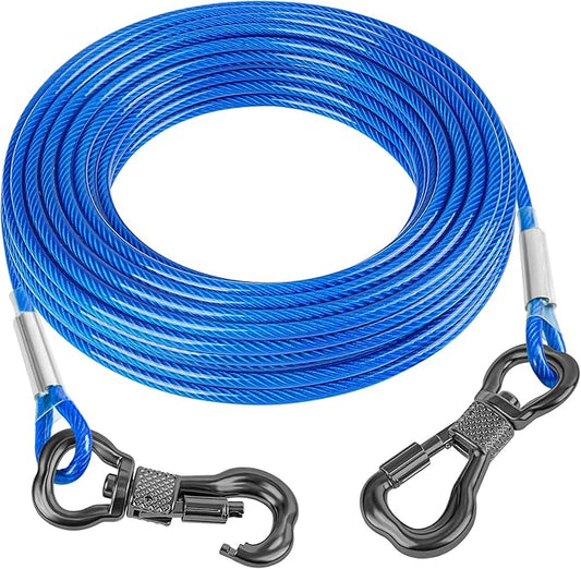 Tresbro 15FT Reflective Tie Out Cable for Dogs Up to 250 Pounds, Steel Wire Lead Leash Cable with Stainless Rotatable Clip, Lightweight and Enduring, Dog Lead Chains for Outside,Yard,Camping, Blue