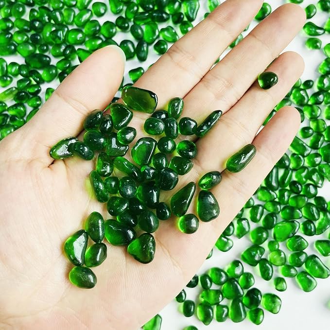 Glass Stones, 0.85LB/385g Green Aquarium Gravel Rocks, Green Pebbles for Fish Tank, Sea Glass for Vase Filler Craft