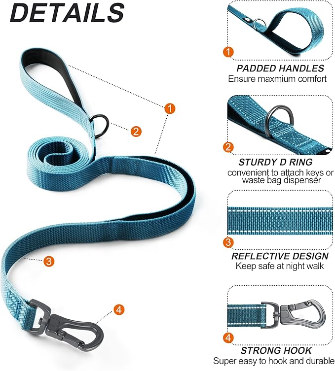 TwoEar 5FT 1IN Strong Blue Dog Leash with 2 Padded Handles, Traffic Handle Extra Control, Comfortable Soft Dual Handle, Auto Lock Hook, Reflective Walking Lead for Small Medium and Large Dogs