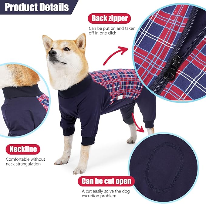 Dog Recovery Suit, Abdominal Wound After Surgery Wear, Anti Licking Bodysuit with Zipper, E-Collar & Cone Alternatives, Plaid Dog Spay Surgical Onesie Prevent Shedding(3XL, Red)