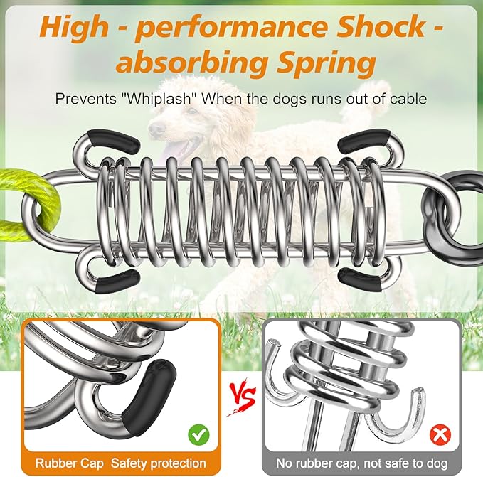 Tresbro 15 FT Dog Tie Out Cable with Spring, Shock Absorbing Tether Chains for Outside Aavilable in 10/15/20/25/30/40/50/70/100/120 FT, Heavy Duty Leads for Yard for Medium & Large Dogs Up to 500 LBS