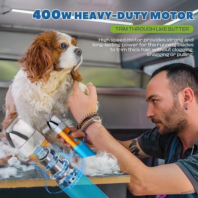 Dog Clippers for Grooming Cordless 400W with Rechargeable 5h-Standby Battery, Low Noise < 50db, Heavy-Duty Pet Hair Shaver Kit, with 2 Sharp & Detachable Blades of 3MM&6MM, Blue