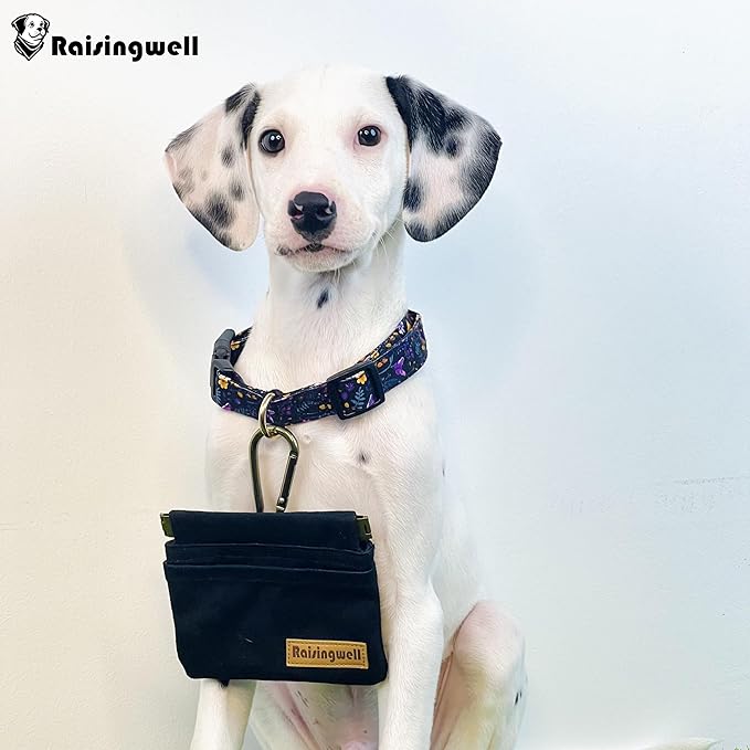 Dog Treat Pouch, Black Pocket Sized Pet Training Pouch, Cotton Fabric, Hand Free Dog Walking Bag with Carabiner, Self-Closing Pet Feed Snack Reward, for Pet Puppy Travel or Outdoor Use