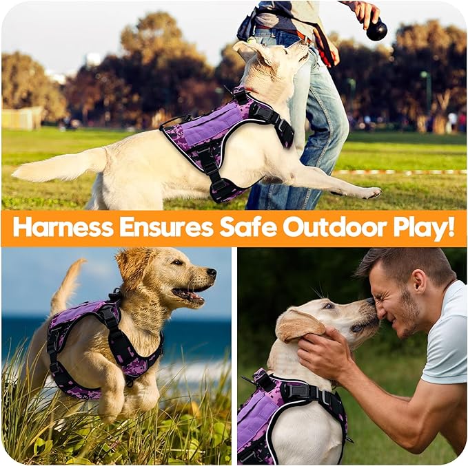 Heavy-Duty Tactical Dog Harness for Large Dogs, No Pull Adjustable Reflective Pet Vest with Molle System, K9 Military-Grade Control for Service Training, Outdoor & 10+ Breeds, Purple Camo, X-Large