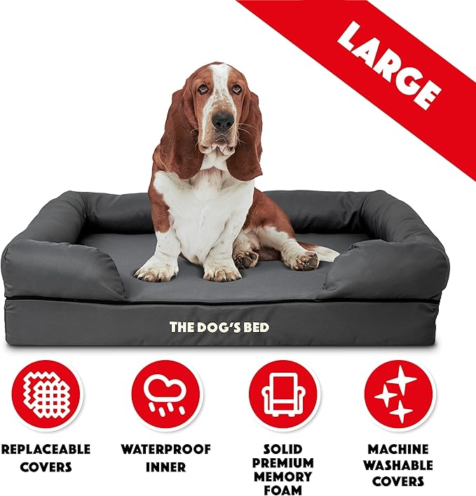 The Dog’s Bed Large Grey with Black Trim 36x27, Waterproof, Veterinary Grade Memory Foam, Pain Relief: Arthritis, Hip & Elbow Dysplasia, Post Surgery, Supportive, Washable Cover, Veterinary-Approved