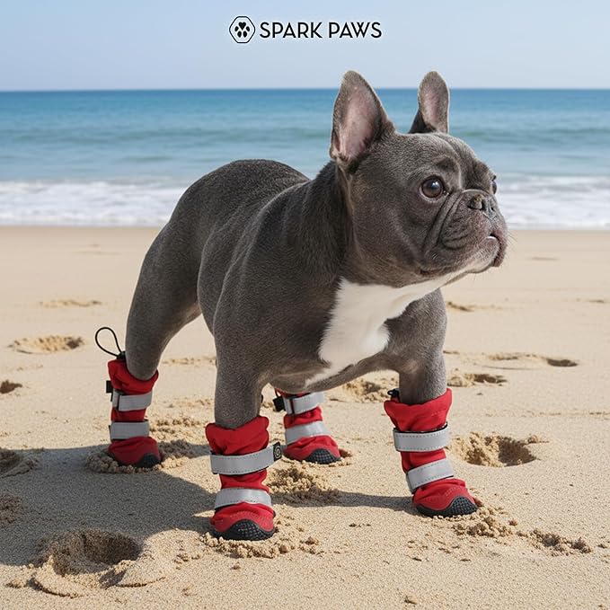 Spark Paws Dog Shoes, Waterproof Dog Boots for Medium to Large Dogs, Non Slip, Breathable Dog Booties and Paw Protectors - 4PCS Doggie Hiking Boots with Reflective Straps - Red, Size 6