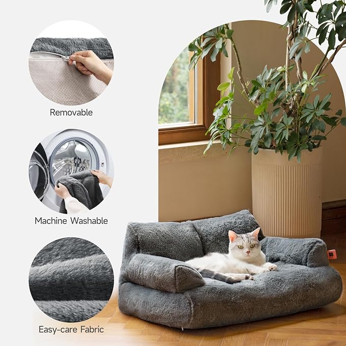 MEWOOFUN Dog Couch, Supportive Small Dog Bed for Puppy and Cats with Removable Washable Cover, Fluffy Cat Couch with Non-Slip Bottom (Dark Grey, 26.0" L X 19.0" W X 13.0" Th)
