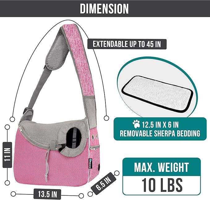 PetAmi Small Dog Sling Carrier, Soft-Sided Crossbody Puppy Carrying Purse Bag, Adjustable Sling Pet Pouch to Wear Medium Dog Cat Travel, Dog Bag for Traveling, Poop Bag Dispenser, Max 10 lbs, Pink
