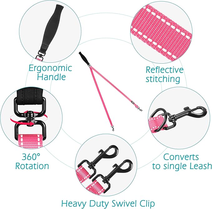 PetBonus Two Point Control Dog Leash, Works with No Pull Harnesses, No Tangle Training Leashes, Soft Padded and Reflective Walking Lead, Converts to Single Lead for Medium Large Dogs (Pink)
