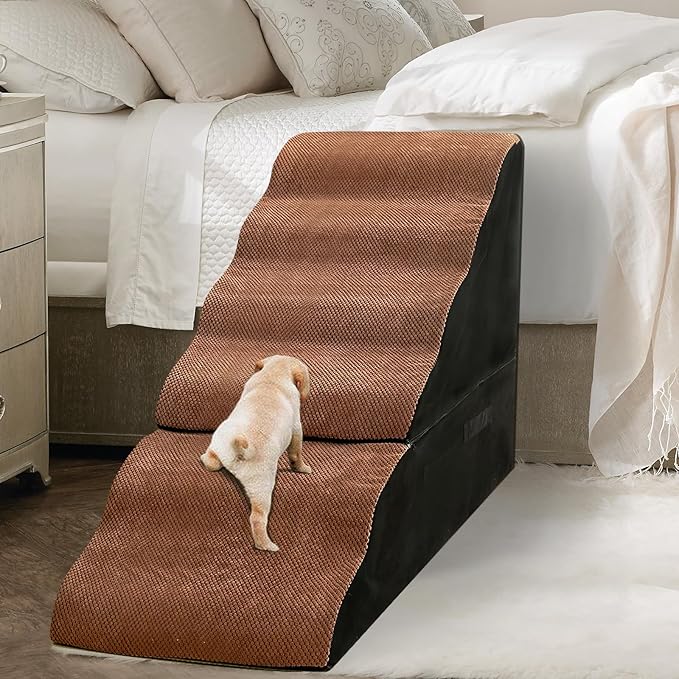Dog Steps for High Beds 30-32" H - 6-Step Dog Stairs for Small Dogs, 33D Foam Pet Steps for High Bed with Non-Slip Bottom and Washable Cover, Dogs Ramp for Bed Indoor, Brown
