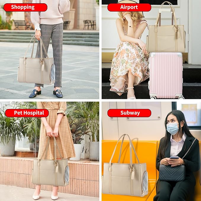 Stylish Dog Purse Carrier, Leather Pet Carrier Bag for Small Dogs Cats Puppy, Airline Approved Soft-Sided Carrier Ivory