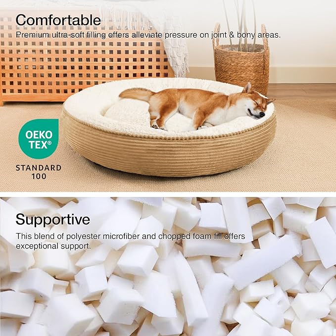 Love's cabin Round Donut Cat and Dog Cushion Bed, 36in Pet Bed for Cats or Small Dogs, Anti-Slip Water-Resistant Bottom, Super Soft Durable Fabric Pet beds, Washable Cat Dog Bed Stripe Camel