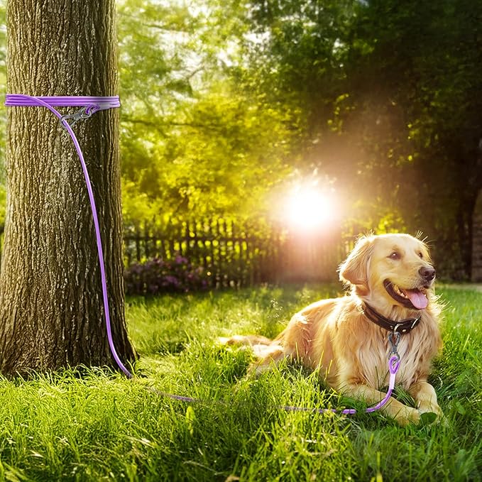 Tresbro 20FT Reflective Tie Out Cable for Dogs Up to 250 Pounds, Steel Wire Lead Leash Cable with Stainless Rotatable Buckle, Lightweight and Enduring, Dog Chains Outside for Outdoor, Yard, Purple