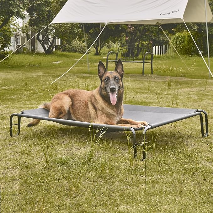 pettycare Elevated Outdoor Dog Bed - Raised Dog Bed for Large Dogs, Waterproof Dog Cot Bed Easy to Assemble, Cooling Elevated Dog Bed with Breathable Teslin Mesh, Durable, Non Slip, Up to 65 lbs,Grey