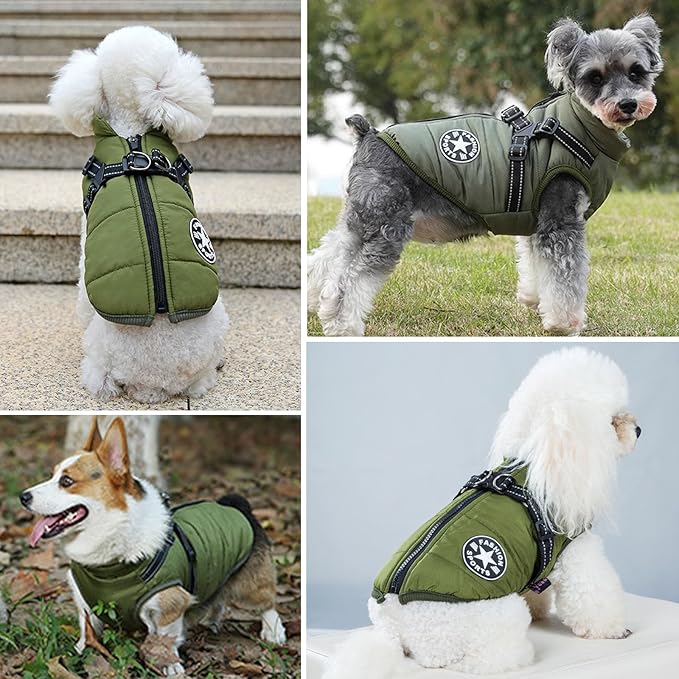 HDKUW Small Dog Jacket, Small Dog Coat Harness Winter Warm Vest Jacket Waterproof Cotton Costume for Puppy Small Dogs (M, Green)