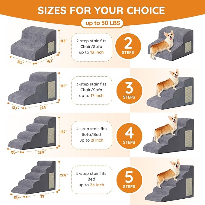Pet Stairs, Dog Stairs for Small Dogs, Dogs Steps, 5-Step Curved Dog Ramp for Bed, Couch, Sofa, Car and Chairs, Non-Slip Bottom Design, Cat Scratching Board, High Density Foam Portable Pet Step, Grey