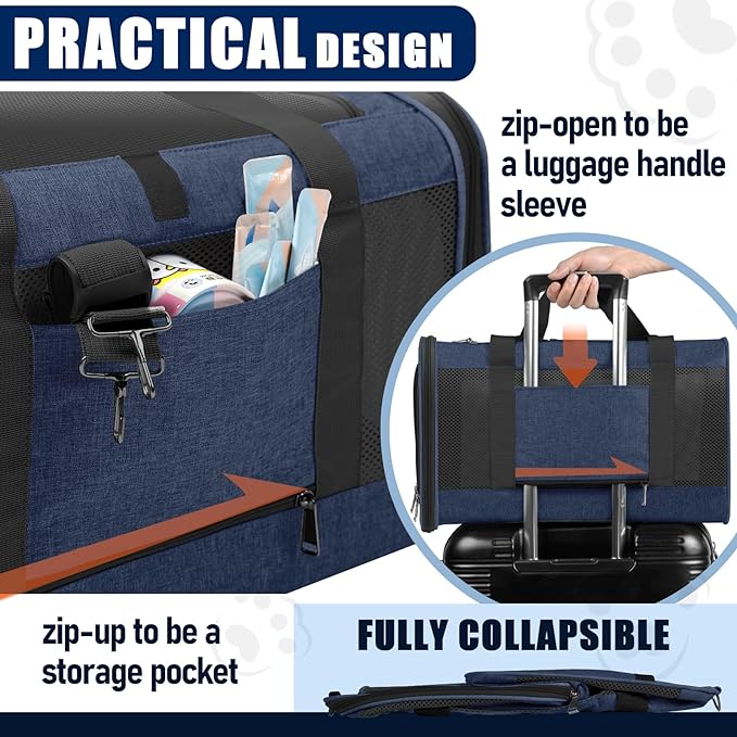 Dog Carrier Soft/Cat Crates Large Cat 20 to 25 pounds/Softsided Pet Car Travel Carry Bag 15 Pound Puppy/Top Open Transport Kennel Navy
