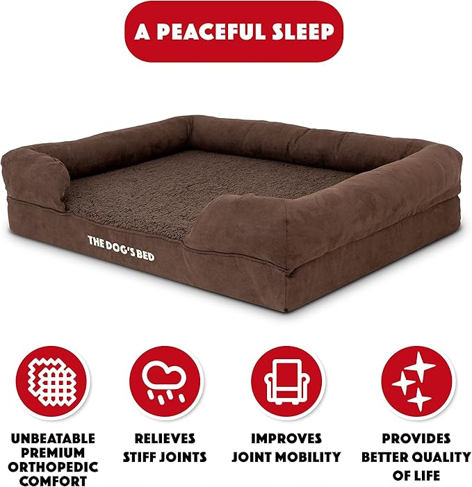 The Dog’s Bed, Large Brown Plush 36x27, Memory Foam, Pain Relief: Arthritis, Hip & Elbow Dysplasia, Post Surgery, Lameness, Supportive, Calming, Waterproof Washable Cover, Veterinary Approved