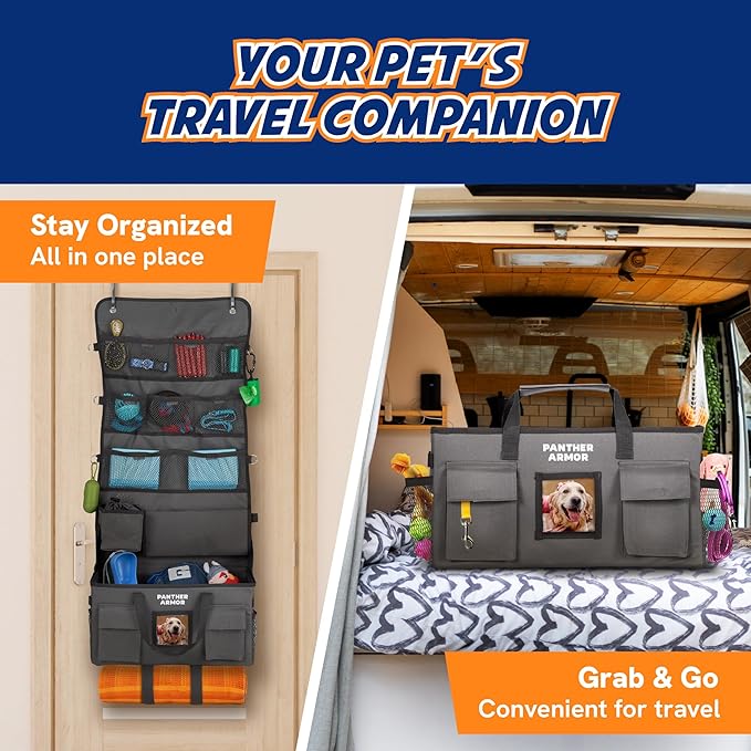 Panther Armor Dog Travel Bag- Hanging Dog Organizer & Pet Storage Tote Bag for Supplies,mWaterproof Door Storage & Closet Organizer, Food & Treat Container for Travel Accessories