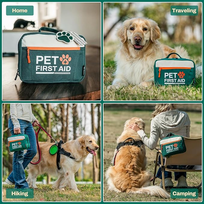 RHINO RESCUE Pet First Aid Kit, Emergency Medical Supplies for Dogs & Cats, Safety Essentials Pack with Thermometer, Disposable Booties for Home, Hiking, Traveling & Camping