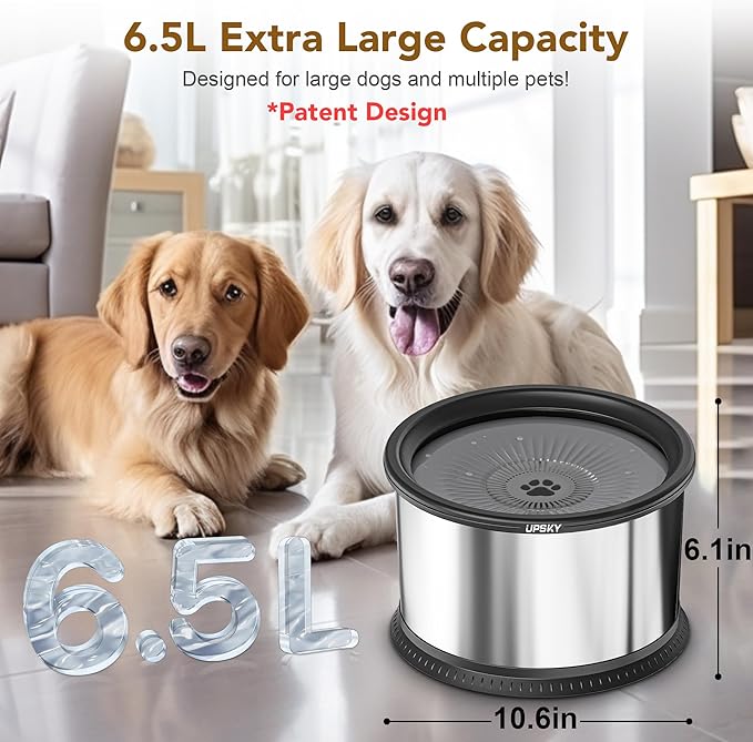 UPSKY 6.5L Super Large Capacity No Spill Dog Water Bowl - 1.6 Gallon Stainless Steel Spill Proof Slow Feeder With Anti-Slip Mat for Messy Drinkers - Black