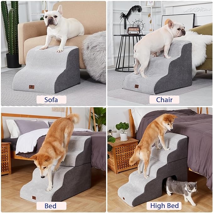 Pettycare Dog Stairs Ramp for High Beds and Couch,Curved Dog Steps for Small Pets, Pet Stairs Non-Slip Balanced Portable Puppy Ramp Indoor, 5 Steps,Grey
