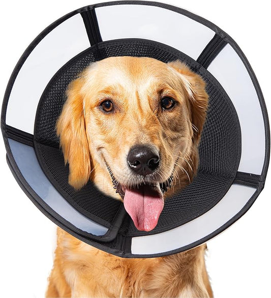 Soft Dog Cone Collar, Comfortable Pet Recovery Neck Collars After Surgery for Large Medium Dogs, Plastic Breathable Elizabethan Dog Head Circle Stop Licking, Adjustable Cones 25cm /10" Long (L Black)