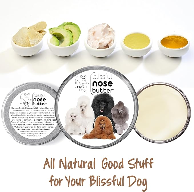 The Blissful Dog Poodle Nose Butter for Dry, Cracked Skin, Lick-Safe Dog Nose Balm with Moisturizing Shea Butter, Almond, Olive, and Essential Oils, Pet Supplies, Uncented, 2 oz.