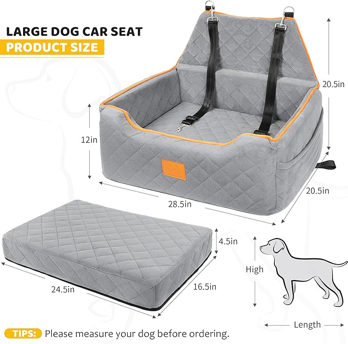 Dog Car Seat for Large/Medium Dog, Booster Seat for Dogs Under 55Lbs or 2 Small Puppy, Detachable and Washable Travel Pet Bed with Thick Cushion and Storage Pockets (Gray)